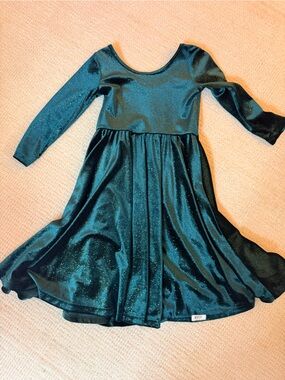Worthy Threads Girls Dark Green Sparkle Long-Sleeve Twirl Dress
